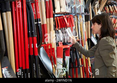 Outil d'achat dans une quincaillerie, outils de jardinage. Banque D'Images