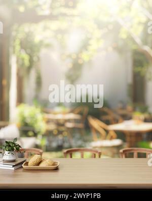 Une image en gros plan d'un espace pour afficher des produits sur une table à manger en bois extérieure dans un beau restaurant ou café jardin. rendu 3d, illu 3d. Banque D'Images