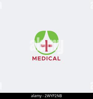 Conception de modèle de vecteur d'icône de logo de santé médicale avec signe de croix plus et feuilles vertes naturelles en forme de cercle pour les affaires médicales de pharmacie d'hôpital Illustration de Vecteur