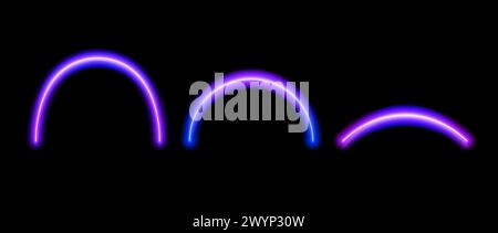 Jeu d'arcs lumineux néon violet. Collection Shining arch Shining formes. Lignes courbes lumineuses avec évasement sur fond sombre. Pack Magic Shiny Arcs pour affiche, flyer, brochure. Pack d'illustrations vectorielles Illustration de Vecteur