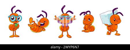 Personnage de fourmi de dessin animé rouge. Illustration d'insecte isolé mignon. Insecte drôle tenant le cube de sucre dans les mains, rire, danse heureuse et assis triste. Ensemble d'émotion et d'expression d'humeur de mascotte de termites enfantines. Illustration de Vecteur