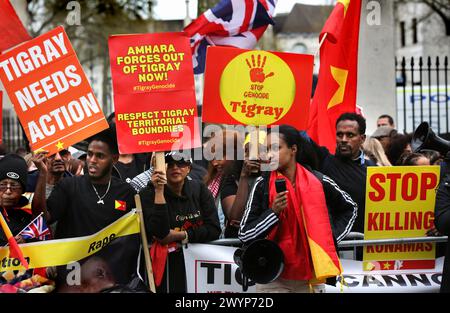 Londres, Royaume-Uni. 06 avril 2024. Les manifestants arborant des drapeaux et des pancartes se rassemblent en face de Downing Street et crient leurs revendications. Après deux ans de guerre, des millions de vies sont aujourd'hui menacées par la maladie et la famine. La communauté tigrayenne du Royaume-Uni s’est rendue à Whitehall pour protester, réclamant une aide humanitaire, la fin du génocide au Tigré et la sortie des troupes érythréennes de leur territoire. (Photo de Martin Pope/SOPA images/SIPA USA) crédit : SIPA USA/Alamy Live News Banque D'Images