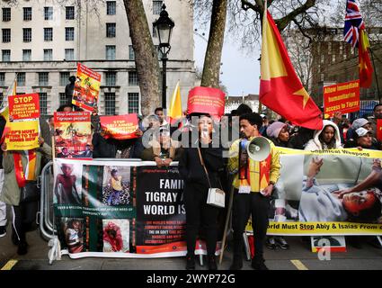 Londres, Royaume-Uni. 06 avril 2024. Les manifestants arborant des drapeaux et des pancartes se rassemblent en face de Downing Street et crient leurs revendications. Après deux ans de guerre, des millions de vies sont aujourd'hui menacées par la maladie et la famine. La communauté tigrayenne du Royaume-Uni s’est rendue à Whitehall pour protester, réclamant une aide humanitaire, la fin du génocide au Tigré et la sortie des troupes érythréennes de leur territoire. (Photo de Martin Pope/SOPA images/SIPA USA) crédit : SIPA USA/Alamy Live News Banque D'Images