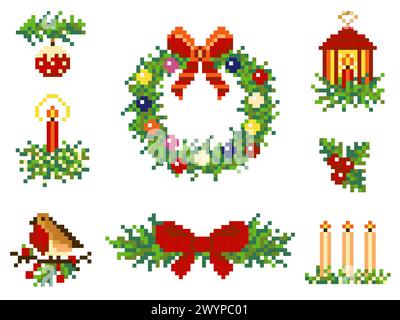 Pixel Art 8 bits éléments joyeux Noël Illustration de Vecteur