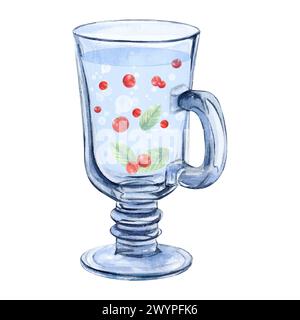 Tasse en verre dessin aquarelle de canneberge d'eau. Bulles de verrerie entièrement transparentes sur la jambe. Buvez la compote de fruits rouges aquarelle fond blanc isolé Banque D'Images