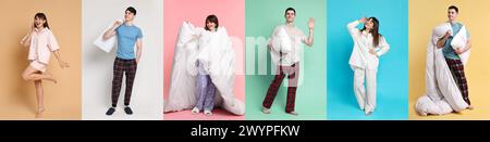 Personnes en pyjama sur différents fonds de couleur, collage de photos Banque D'Images