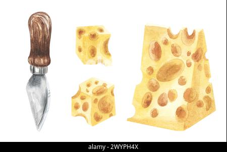 Jeu de couteaux et fromage parmesan. Illustration aquarelle dessinée à la main, isolée sur fond blanc Banque D'Images