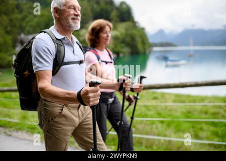 Portrait de couple de personnes âgées actives randonnant ensemble dans les montagnes. Touristes seniors marchant avec des bâtons de trekking. Banque D'Images