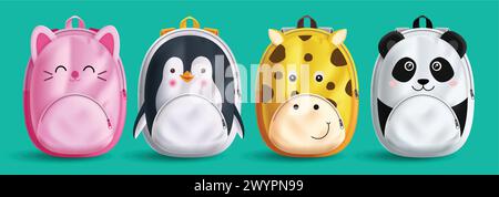 Sacs d'écolier animaux vecteur set design. Retour à l'école mignon animal personnage collection de sac à dos comme chat, pingouin, vache et panda pour enfants maternelle Illustration de Vecteur