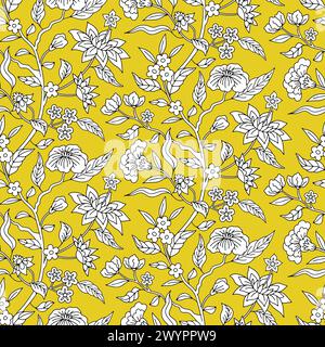 Motif sans couture avec motifs monochromes noir et blanc chinoiserie dessinés à la main sur fond jaune Illustration de Vecteur