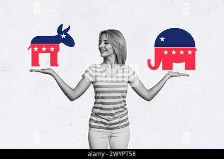 Collage d'image créative jeune femme assez heureuse sans soucis prendre la décision élection politique promo animaux vote faune Banque D'Images