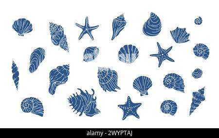 Ensemble de vecteurs tortues. Illustration de ligne gravée dessinée Doodle. Une collection de croquis de différentes coquilles de mollusques de différentes formes. Formes de l'océan Illustration de Vecteur