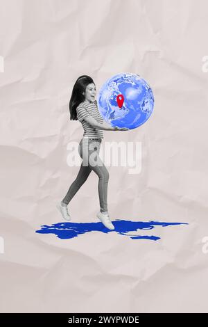 Croquis d'art tendance composite 3D collage de photos de silhouette blanche noire excitée Lady carry globe Worl place geo point Walk sur la carte Banque D'Images