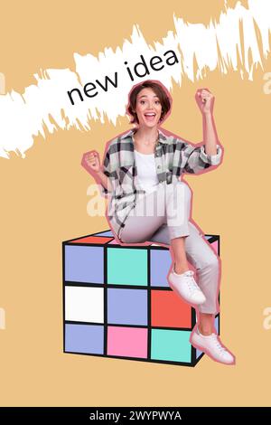 Composite tendance illustration croquis photo collage de la silhouette jeune dame excitée intelligente assis sur énorme Rubik cube créer une nouvelle idée Banque D'Images