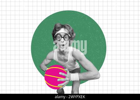 Collage tendance créative de jeune homme nerd jouer basket-ball exercice de style de vie sportif pratique entraînement bizarre Freak bizarre fantaisie inhabituelle Banque D'Images