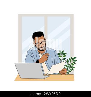 Homme d'affaires assis au bureau, travaillant sur un ordinateur portable. Illustration de Vecteur