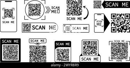 Scannez-moi les badges. QR codes dans les cadres pour la numérisation du smartphone. Code pour le transfert d'argent en ligne, les factures de paiement, les services bancaires en ligne. Jeu de vecteurs décents de codes-barres Illustration de Vecteur