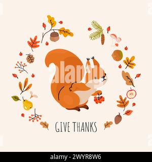 Jour d'action de grâce aux écureuils. Mignon petit personnage de forêt tient une brindille avec des baies de rowan. Donnez grâce à la conception de carte postale, vacances d'automne de nos jours vecteur Illustration de Vecteur