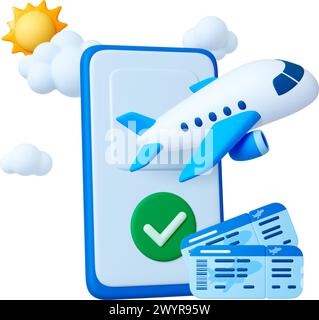 Billet en ligne concept 3D. Voyage en avion, scène de rendu de vol. Avion voler de l'écran de smartphone, billets, nuages et soleil. Éléments vectoriels du tourisme Illustration de Vecteur