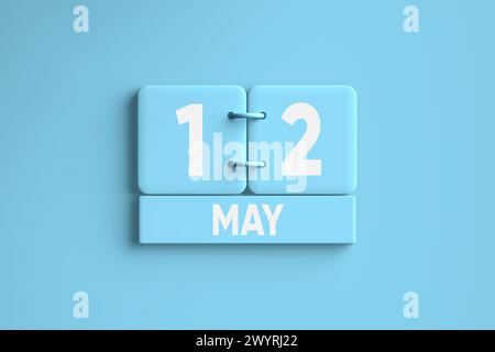 Calendrier bleu avec le 12 mai jour des mères de l'année 2024 sur fond bleu. Rendu 3D. Banque D'Images