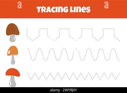 Décrivez la ligne champignon sur la feuille de travail pour les lignes de traçage pour les enfants d'âge préscolaire âgés de 4-6 ans Illustration de Vecteur