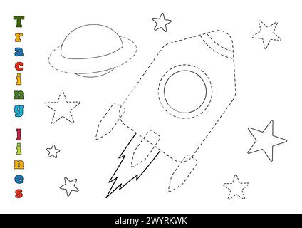 Décrivez le contour de fusée sur la feuille de travail pour les enfants d'âge préscolaire âgés de 4-6 à tracer les lignes Illustration de Vecteur