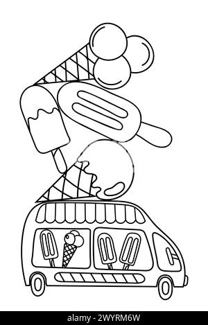 Coloriage avec des lignes épaisses pour les enfants, Ice Cream Van Coloriage page Illustration de Vecteur