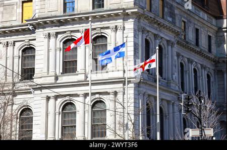 Québec et Montréal, les drapeaux flottant à l'avant-plan de l'Hôtel de Ville de Montréal, Québec, Canada Banque D'Images