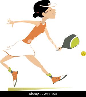 Jeune femme souriante jouant au picklball. Femme de dessin animé joue au picklball. Isolé sur fond blanc Illustration de Vecteur