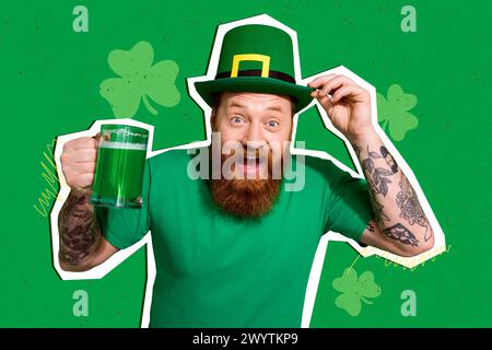 Image collage photo de Happy Crazy irish Man célébrer le festival traditionnel St patrick jour isolé sur fond de dessin Banque D'Images