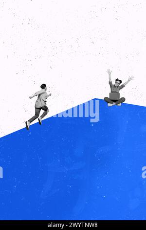 Illustration d'image de collage de gens heureux réussis travaillant de la maison ensemble et atteignant le succès isolé sur fond de dessin Banque D'Images