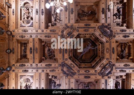 Archiginnasio à Bologne, Italie. Plafond du théâtre anatomique Banque D'Images