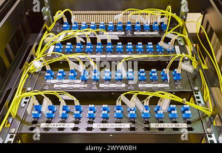 Connexions fibre optique, Centre de traitement des données, Département des serveurs informatiques en raks, Hôpital Donostia, Saint-Sébastien, Gipuzkoa, pays Basque, Espagne. Banque D'Images