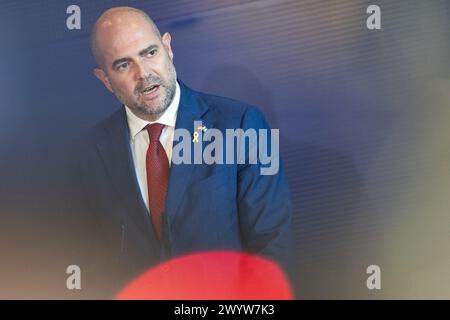 Berlin, Allemagne. 08 avril 2024. Amir Ohana, Président du Parlement israélien, fait une déclaration à la presse. Le Président du Parlement israélien visite le Bundestag allemand. Crédit : Hannes P. Albert/dpa/Alamy Live News Banque D'Images