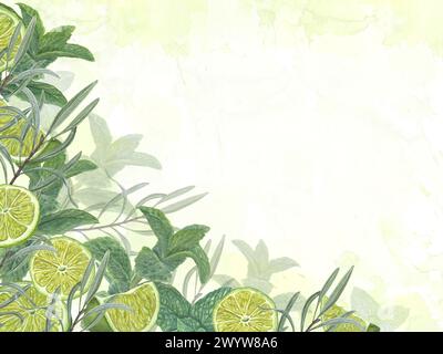 Tranches de citron vert mûr juteuses avec des brins de menthe. Agrumes et plantes vertes. Cadre horizontal avec espace de copie pour le texte. Illustration botanique d'été à l'aquarelle. Banque D'Images