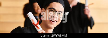 Un groupe diversifié d'étudiants en robes académiques et casquettes célèbrent l'obtention du diplôme, détenant des diplômes avec des sourires d'accomplissement. Banque D'Images