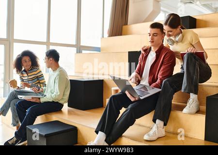 Groupe multiculturel d'étudiants collaborant sur des étapes avec des ordinateurs portables à des fins éducatives Banque D'Images