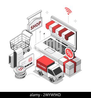Achats en ligne - illustrations de lignes rouges et noires isométriques Illustration de Vecteur
