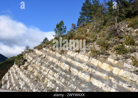 Couches rocheuses sédimentaires de Barrémien, point de stratotype, ou section type de l'époque du Crétacé inférieur ou formation rocheuse près de Barreme Alpes-de-haute-Provence Banque D'Images