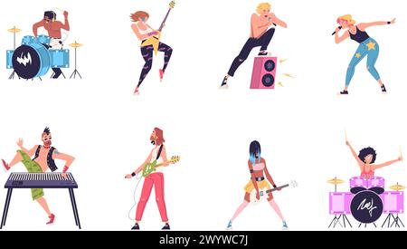 Personnages de groupes de rock. Musiciens du groupe de rocker jouant de la musique heavy metal, les hommes chantent sur guitare clavier, batteur cool ou chanteur sur spectacle de festival, illustration vectorielle du groupe de rock musicien Illustration de Vecteur