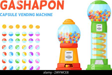 Machines à capsules Gachapon avec conteneur en plastique jouet bubblegum, distributeur automatique distribuant la boule de caramel de gomme à mâcher de bonbons rares bonbons bonbons illustration vectorielle de pièce de monnaie chanceuse de gachapon de bonbons bubblegum Illustration de Vecteur