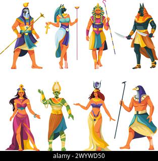 Dessins animés dieux égyptiens. Égypte religion Dieu et déesse du nil figures historiques, ancienne statue de pharaon anubis osiris isis horus RA hathor personnages illustration vectorielle récente Illustration de Vecteur