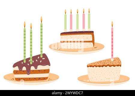 Ensemble de portions de gâteaux d'anniversaire isolé. Collection sucrée de pièces de boulangerie des fêtes. Pâtisserie chocolat fruits, tranches de dessert de baies avec des bougies pour le petit déjeuner. Illustration de Vecteur