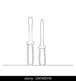 Dessin au trait continu d'un couple de tournevis. Tournevis à tête plate et cruciforme. Vecteur de style dessiné à la main plat simple pour outil en ingénierie A. Illustration de Vecteur