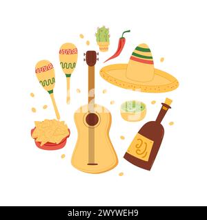 Emblème rond mexicain. Éléments de collection Cinco de Mayo en forme de cercle. Outils musicaux, cuisine traditionnelle. Fêtes et traditions mexicaines. Vecteur Illustration de Vecteur