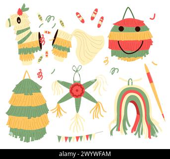 Pinata ensemble pour fête mexicaine traditionnelle. Carnaval et anniversaire jouet divers pour le jeu de célébration. Illustration plate vectorielle isolée sur fond blanc Illustration de Vecteur