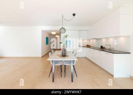 Grande cuisine blanche moderne avec une table en marbre et quatre chaises à l'avant. C'est l'intérieur d'un appartement moderne. En arrière-plan, le couloir mène à t Banque D'Images