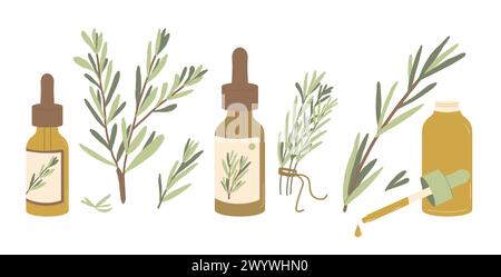 Ensemble d'huile essentielle de romarin isolé sur fond blanc. Bouteilles compte-gouttes en verre ambré d'huile avec des feuilles vertes de branche d'herbes fraîches. Vecteur main simple dr. Illustration de Vecteur