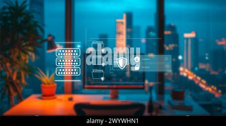 stockage de données de concept sur serveur en ligne. hologramme au-dessus du bureau hors foyer Banque D'Images