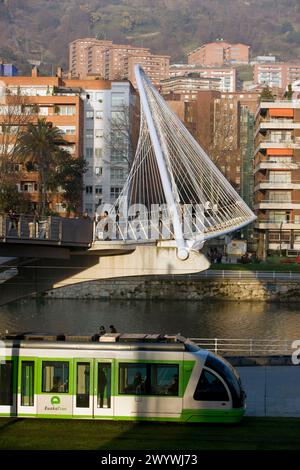 Vue sur le pont Pasarela de Uribitarte, également appelé Zubi-Zuri (signifie pont blanc en basque), conçu par Santiago Calatrava. Bilbao. Pays Basque. Espagne. Banque D'Images